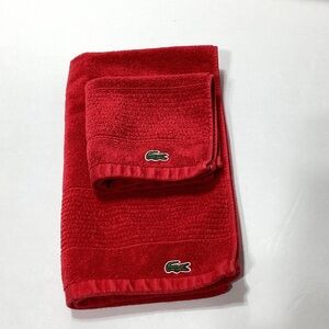 Vintage Lacoste Red Washcloth And Hand Towel Set With Alligator
